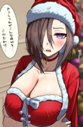  absurdres air_groove_(umamusume) animal_ears azuki_(azuki_azukki) bell blue_eyes blurry blurry_background breasts brown_hair capelet choker christmas christmas_tree cleavage commentary crossed_arms depth_of_field dress female frown fur-trimmed_capelet fur-trimmed_dress fur-trimmed_headwear fur_trim hair_over_one_eye hat highres horse_ears horse_girl indoors large_breasts long_bangs looking_at_viewer neck_bell open_mouth red_capelet red_dress red_hat santa_dress santa_hat short_hair solo translated umamusume 