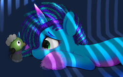  blue_body blue_fur blue_hair bodily_fluids cornrows darksly-z equid equine female feral freckles fur green_hair hair hasbro hi_res horn madame_taffytail_(mlp) mammal misty_brightdawn_(mlp) mlp_g5 multicolored_hair my_little_pony mythological_creature mythological_equine mythology pink_body pink_fur shadow tears two_tone_hair unicorn 