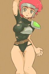  arm_at_side arm_up armor bare_legs battle_damage belt bodysuit breastarmor breasts brown_background brown_belt brown_eyes clenched_hand covered_nipples drawfag faria_fuuin_no_tsurugi female genderswap_(mtf) green_leotard headgear highres leotard light_blush non-web_source open_mouth pauldrons pink_hair protagonist_(faria_fuuin_no_tsurugi) rule_63 shoulder_armor single_pauldron sweatdrop thigh_gap torn_bodysuit torn_clothes 