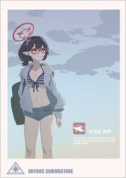  0.7_(aysatnegr) ayane_(blue_archive) ayane_(swimsuit)_(blue_archive) bikini black_hair blue_archive blue_shorts breasts cleavage collarbone english_text female glasses grey_jacket groin halo highres jacket medium_breasts navel open_clothes open_jacket pointy_ears red-framed_eyewear red_halo short_hair shorts solo striped_bikini striped_clothes swimsuit yellow_eyes 