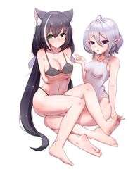  2girls animal_ears barefoot breasts cat_girl commentary feet karyl_(princess_connect!) kokkoro_(princess_connect!) legs long_hair multiple_girls one-piece_swimsuit pointy_ears princess_connect! simple_background soles swimsuit taichi_suzuki toes white_background white_hair white_one-piece_swimsuit 