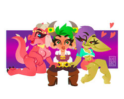  5:4 absurd_res clothed clothing ear_piercing ear_ring female fully_clothed gnome gnome_(warcraft) goblin green_body green_eyes green_hair green_skin group hair hi_res horn humanoid kesael kobold piercing pink_body purple_hair ring_piercing tail trio 