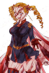  artist_name blonde_hair blood blood_on_clothes blood_on_face blood_on_hands blue_eyes breasts cape chanti_(chantilin) commentary cowboy_shot drill_hair english_commentary female genderswap_(mtf) gloves homelander large_breasts oerba_yun_fang open_mouth red_gloves rule_63 skin_fang skindentation smile solo striped_cape striped_clothes striped_thighhighs superhero_costume the_boys thighhighs twin_drills vertical-striped_clothes vertical-striped_thighhighs watermark 