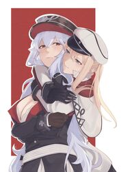  2girls absurdres arms_around_neck azur_lane black_gloves blonde_hair blue_eyes breasts cleavage couple cross crossover frown glazedlilies gloves graf_zeppelin_(azur_lane) graf_zeppelin_(kancolle) hair_between_eyes hat highres historical_name_connection hug hug_from_behind iron_cross kantai_collection large_breasts long_hair military_hat military_uniform multiple_girls name_connection peaked_cap red_eyes selfcest sidelocks smile uniform white_hair yuri 