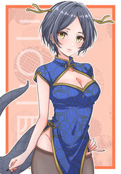  blue_dress blue_hair breasts china_dress chinese_clothes cleavage cleavage_cutout clothing_cutout covered_navel dragon_horns dragon_tail dress earrings female groin hayami_kanade highres horns idolmaster idolmaster_cinderella_girls jewelry looking_at_viewer mariabowl medium_breasts parted_bangs short_hair smile solo tail thighhighs yellow_eyes 