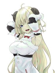  absurdres ahoge alternate_eye_color animal_ears armpit_crease blonde_hair blue_eyes bow bowtie breasts brooch detached_sleeves dress empire_waist female fur-trimmed_dress fur-trimmed_sleeves fur_trim highres hololive horns jewelry large_breasts long_hair ocha_(ocha_illust) open_mouth red_bow red_bowtie red_brooch ribbed_sleeves sheep_ears sheep_girl sheep_horns short_dress simple_background sleeveless sleeveless_dress solo teeth tongue tsunomaki_watame tsunomaki_watame_(1st_costume) underbust very_long_hair virtual_youtuber white_background white_dress 