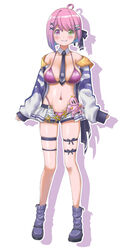  ahoge alternate_breast_size bikini blue_hair boots breasts candy_hair_ornament commentary_request female food-themed_hair_ornament frilled_shorts frills full_body gradient_hair green_eyes hair_ornament heterochromia highleg highleg_bikini highres himemori_luna hololive jacket large_breasts luknight_(himemori_luna) multicolored_hair navel off_shoulder open_fly pink_bikini pink_eyes pink_hair shio_no.9 short_shorts shorts skindentation sleeves_past_wrists smile solo swimsuit thigh_strap virtual_youtuber white_jacket x_hair_ornament 