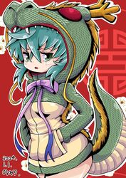  animal_costume aqua_hair blush bow chinese_zodiac dragon_costume female gradient_ribbon hair_between_eyes hood hoodie kemono_friends kemono_friends_3 long_sleeves looking_at_viewer neck_ribbon noda_ryo open_mouth pink_ribbon ribbon scale_print short_hair snake_tail solo striped tail thighs tsuchinoko_(kemono_friends) year_of_the_dragon 