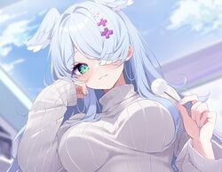  :3 artist_name blue_hair blue_nails breasts commentary deyui elira_pendora english_commentary female green_eyes hair_ornament hair_over_one_eye hair_wings highres holding lap_pov large_breasts long_hair looking_at_viewer mimikaki nijisanji nijisanji_en ribbed_sweater sky smile solo sweater upper_body virtual_youtuber white_sweater 