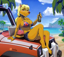  2023 5_fingers absurd_res anthro australian_flag australian_flag_bikini beach beverage big_breasts bikini blonde_hair blue_eyes bottomwear bracelet breasts canid canine canis car clothed clothing cutoffs day denim denim_bottomwear denim_clothing dingo eyebrow_through_hair eyebrows feet female fingers flag_bikini freckles fur greasymojo hair hi_res jeep jeep_wrangler jewelry long_hair mammal motor_vehicle on_car outside seaside shazza_the_dingo shorts signature sitting sitting_on_car sitting_on_vehicle solo swimwear tan_body tan_fur toes translucent translucent_hair ty_the_tasmanian_tiger_(series) vehicle 