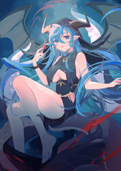  absurdres ariko_(aaaaarik) azur_lane bare_shoulders barefoot black_dress black_hood black_wings blue_eyes blue_hair breasts demon_wings dress earrings female halloween_costume hands_up highres hip_vent hood horned_hood horns jewelry large_breasts long_bangs long_hair looking_at_viewer mary_celeste_(azur_lane) mary_celeste_(grim_night&#039;s_reaper)_(azur_lane) official_alternate_costume parted_lips pointy_ears sleeveless sleeveless_dress solo suction_cups tentacle toes underboob wings 