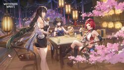  3girls absurdres baizhi_(wuthering_waves) bandages bare_shoulders black_dress black_hair blue_eyes blue_headwear breasts cherry_blossoms chest_sarashi chixia_(wuthering_waves) cleavage commentary crop_top detached_sleeves dress english_commentary feet_out_of_frame highres long_hair looking_at_viewer midriff multiple_girls official_art pencil_dress red_eyes red_hair sarashi short_dress sitting tacet_mark_(wuthering_waves) thigh_strap thighs very_long_hair wuthering_waves yangyang_(wuthering_waves) 