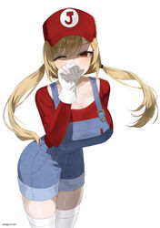  absurdres baseball_cap blonde_hair blue_overalls breasts cleavage commentary_request cosplay covering_own_mouth female gloves hat highres jingburger korean_commentary large_breasts long_hair long_sleeves looking_at_viewer mario mario_(cosplay) mario_(series) one_eye_closed overall_shorts overalls red_eyes red_hat red_shirt shirt simple_background skindentation smile solo thighhighs tsukinuma_gohan twintails twitter_username virtual_youtuber waktaverse white_background white_gloves white_thighhighs 