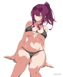  :o bikini blush breasts eyewear_on_head female hair_between_eyes hair_ornament highres honkai:_star_rail honkai_(series) kafka_(honkai:_star_rail) kili_kilio large_breasts long_hair looking_at_viewer navel no_sclera open_mouth parted_lips purple_eyes purple_hair shiny_skin simple_background sitting skindentation solo sunglasses swimsuit thighs 