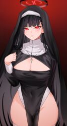  absurdres alternate_costume black_hair blue_archive blush breasts bright_pupils cleavage coif covered_navel cowboy_shot cross female gradient_background groin habit hair_ornament hairpin halo highres large_breasts long_hair long_sleeves looking_at_viewer nonbire nun open_mouth red_eyes rio_(blue_archive) solo white_pupils 