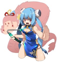  alternate_costume animalization blue_dress blue_hair blush breasts bun_cover china_dress chinese_clothes chinese_zodiac cleavage_cutout clothing_cutout commentary_request cropped_legs datemegane double_bun dragon dress eastern_dragon female fighting_stance glaring hair_bun hip_vent holding holding_nunchaku holding_weapon kotonoha_aoi large_breasts legs_apart looking_at_viewer nunchaku open_mouth outstretched_arm panty_straps red_eyes seyanaa side_slit sleeveless sleeveless_dress smile solo twintails v-shaped_eyebrows voiceroid weapon white_background year_of_the_dragon 