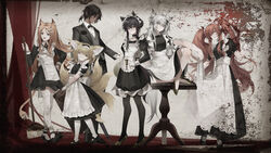  1boy 5girls absurdres alternate_costume angelina_(arknights) animal_ears apron archetto_(arknights) arknights black_bow black_bowtie black_choker black_dress black_footwear black_hair black_jacket black_pants black_pantyhose black_umbrella blonde_hair blue_eyes bow bowtie braid braided_hair_rings breasts broom brown_eyes brown_hair butler cake candle choker closed_mouth closed_umbrella commentary crossed_bangs dark-skinned_male dark_skin dated_commentary dress enmaided food fox_ears fox_girl fox_tail frilled_apron frilled_dress frills full_body gloves gold_footwear green_eyes grey_eyes grey_hair grey_vest hair_between_eyes hair_ornament hair_ribbon hair_rings hairclip hand_on_own_hip heterochromia high_heels highres holding holding_candle holding_cloth holding_suitcase holding_tray holding_umbrella jacket juliet_sleeves kitsune knee_up kyuubi lappland_(arknights) lion_ears lion_girl lion_tail long_hair long_sleeves looking_at_viewer maid maid_apron maid_headdress medium_breasts medium_dress messy_hair multiple_girls multiple_tails one_eye_closed open_mouth orange_eyes pants pantyhose plate pocket_watch ponytail puffy_short_sleeves puffy_sleeves red_eyes ribbon shirt shoes short_dress short_hair short_sleeves sidelocks sitting sitting_on_table skirt_hold standing strawberry_shortcake suit suit_jacket suitcase suyi-j suzuran_(arknights) tail texas_(arknights) thighhighs thorns_(arknights) tray twin_braids twintails umbrella very_long_hair vest waistcoat watch white_apron white_gloves white_headdress white_headwear white_pantyhose white_ribbon white_shirt white_thighhighs wolf_ears wolf_girl wolf_tail zettai_ryouiki 