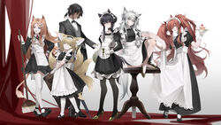  1boy 5girls absurdres alternate_costume angelina_(arknights) animal_ears apron archetto_(arknights) arknights black_bow black_bowtie black_choker black_dress black_footwear black_hair black_jacket black_pants black_pantyhose black_umbrella blonde_hair blue_eyes bow bowtie braid braided_hair_rings breasts broom brown_eyes brown_hair butler cake candle choker closed_mouth closed_umbrella commentary crossed_bangs dark-skinned_male dark_skin dated_commentary dress enmaided food fox_ears fox_girl fox_tail frilled_apron frilled_dress frills full_body gloves gold_footwear green_eyes grey_eyes grey_hair grey_vest hair_between_eyes hair_ornament hair_ribbon hair_rings hairclip hand_on_own_hip heterochromia high_heels highres holding holding_candle holding_cloth holding_suitcase holding_tray holding_umbrella jacket juliet_sleeves kitsune knee_up kyuubi lappland_(arknights) lion_ears lion_girl lion_tail long_hair long_sleeves looking_at_viewer maid maid_apron maid_headdress medium_breasts medium_dress messy_hair multiple_girls multiple_tails one_eye_closed open_mouth orange_eyes pants pantyhose plate pocket_watch ponytail puffy_short_sleeves puffy_sleeves red_eyes ribbon shirt shoes short_dress short_hair short_sleeves sidelocks simple_background sitting sitting_on_table skirt_hold standing strawberry_shortcake suit suit_jacket suitcase suyi-j suzuran_(arknights) tail texas_(arknights) thighhighs thorns_(arknights) tray twin_braids twintails umbrella very_long_hair vest waistcoat watch white_apron white_background white_gloves white_headdress white_headwear white_pantyhose white_ribbon white_shirt white_thighhighs wolf_ears wolf_girl wolf_tail zettai_ryouiki 