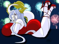  absurd_res ass big_breasts big_butt breasts claws clothed clothing dragon eirene_(krocialblack) female fireworks footwear hi_res high_heels holidays horn huge_breasts krocialblack looking_at_viewer mythological_creature mythological_scalie mythology new_year scalie shoes solo tail 