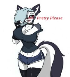  anthro big_breasts black_clothing black_fingerless_gloves black_gloves black_handwear black_legwear black_thigh_highs blush bottomwear breasts canid canid_demon canine clothing demon female fingerless_gloves fluffy fluffy_tail fur gloves grey_body grey_bottomwear grey_clothing grey_fur grey_hair grey_shorts hair handwear hellhound helluva_boss legwear loona_(helluva_boss) mammal mythological_canine mythological_creature mythology pace-maker red_sclera shorts simple_background small_waist solo tail thick_thighs thigh_highs torn_clothing white_background white_body white_eyes white_fur wide_hips 