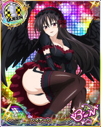  angel_wings ass black_hair black_wings breasts card_(medium) chess_piece dress fallen_angel female hair_between_eyes high_school_dxd high_school_dxd_born large_breasts long_hair looking_at_viewer official_art purple_eyes queen_(chess) raynare short_sleeves solo thighhighs wings 