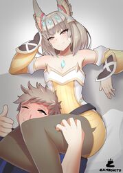  1boy :3 absurdres animal_ears arm_behind_head aroused_nosebleed blood blush brown_hair cat_ears chest_jewel core_crystal_(xenoblade) detached_sleeves ear_covers facial_mark female grey_hair highres husband_and_wife nia_(xenoblade) nosebleed pantyhose rex_(xenoblade) scar scar_across_eye scissorhold sitting smile smug straight thigh_grab thumbs_up whisker_markings xenoblade_chronicles_(series) xenoblade_chronicles_3 xenoblade_chronicles_3:_future_redeemed zambonito 