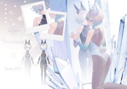  animal_ears ass bare_shoulders character_name commentary_request crystal female gem hair_between_eyes heterochromia highres ice icicle kneeling leotard looking_at_viewer looking_back mirror multiple_views nail_polish nontraditional_playboy_bunny ohisashiburi pantyhose parted_bangs playboy_bunny project_luminasys rabbit rabbit_ears short_hair sparkle star_(symbol) svetiana tail teardrop_facial_mark 