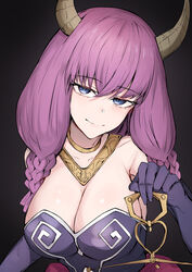  absurdres aura_(sousou_no_frieren) black_background blue_eyes braid breasts cleavage clothing_cutout commentary cowboy_shot dress elbow_gloves female gloves hair_between_eyes highres horns large_breasts light_smile long_hair navel_cutout purple_dress purple_gloves sak1_01 smirk solo sousou_no_frieren symbol-only_commentary twin_braids weighing_scale 