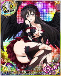  angel_wings ass black_hair black_wings breasts card_(medium) chess_piece dress fallen_angel female hair_between_eyes high_school_dxd high_school_dxd_born large_breasts long_hair looking_at_viewer official_art purple_eyes queen_(chess) raynare short_sleeves solo thighhighs torn_clothes wings 