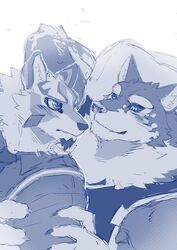  anthro blush canid canine canis clothing domestic_dog dress_shirt duo eye_contact hi_res husky lifewonders live_a_hero looking_at_another male male/male mammal monomasa muscular muscular_anthro muscular_male nordic_sled_dog sadayoshi sakuhuu shirt spitz suspenders topwear 