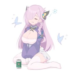  absurdres alcohol azur_lane beer beer_can blue_butterfly blue_dress braid breasts bug butterfly butterfly_hair_ornament can cleavage cleavage_cutout closed_eyes clothing_cutout dress drink_can drunk female flying_sweatdrops full_body garter_straps gloves hair_ornament hair_over_one_eye haruiroto highres large_breasts long_hair long_sleeves louisville_(azur_lane) miniskirt parted_lips pink_hair simple_background sitting skirt smile solo squeans thighhighs white_background white_garter_straps white_gloves white_skirt white_thighhighs 