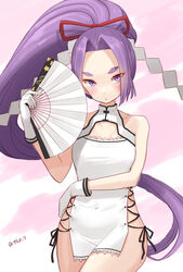  breasts china_dress chinese_clothes cleavage_cutout clothing_cutout cowboy_shot cross-laced_clothes dress female folding_fan gloves hand_fan hatsuharu_(kancolle) hikimayu kantai_collection long_hair one-hour_drawing_challenge ponytail purple_eyes purple_hair shide short_dress small_breasts solo tetsukuzu_(yajirushi_shita) white_dress white_gloves 