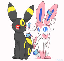  2023 3_toes ambiguous_gender big_ears black_body black_ear_tips black_ears black_fur black_nose black_tail black_tail_tip blue_eyes blue_inner_ear blush bow_(feature) canid colored digital_media_(artwork) dipstick_ears dipstick_tail duo ear_bow ear_markings eeveelution eye_contact facial_markings feet feral forehead_markings front_view full-length_portrait fur generation_2_pokemon generation_6_pokemon glistening glistening_eyes head_markings hi_res japanese_text kemono kenikenikeke leg_markings looking_at_another mammal markings monotone_tail mouthless multicolored_body multicolored_ears multicolored_fur multicolored_tail neck_bow nintendo no_sclera pink_blush pink_body pink_ears pink_fur pink_tail pokemon pokemon_(species) portrait pupils quadruped question_mark red_eyes ribbons ring_(marking) shaded shy simple_background sitting socks_(marking) sound_effects sylveon tail tail_markings text toes translated two_tone_body two_tone_ears two_tone_fur two_tone_tail umbreon white_background white_body white_fur white_pupils yellow_body yellow_ears yellow_fur yellow_markings yellow_tail 