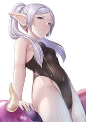  aura_(sousou_no_frieren) aura_bullying_(meme) breasts commentary_request competition_swimsuit drop_earrings earrings elf female frieren green_eyes grey_hair highres inflatable_toy jewelry meme miga_(migao) one-piece_swimsuit petite pointy_ears small_breasts sousou_no_frieren swimsuit twintails 