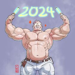  1boy 2024 abs bara belt brown_belt bulge crave_saga eschados_(crave_saga) facial_hair glasses glowstick grey_background holding holding_glowstick kumao-caffe large_pectorals male_focus mature_male moustache multicolored_hair muscular muscular_male navel nipples old old_man opaque_glasses pants pectorals plump red_hair short_hair solo sparkle steaming_body stomach streaked_facial_hair strongman_waist sweat thick_thighs thighs topless_male two-tone_hair very_sweaty white_hair white_pants 