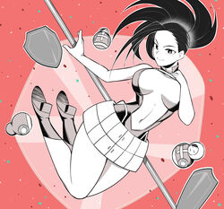  absurdres bare_arms bare_shoulders black_hair boku_no_hero_academia breasts center_opening commentary female full_body highres koyap large_breasts legs long_hair looking_at_viewer matryoshka_doll monochrome narrow_waist red_background shield shoes smile solo wide_hips yaoyorozu_momo 