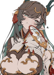  amakara_surume black_hair blush breast_cutout breasts cleavage cleavage_cutout clothing_cutout colored_inner_hair detached_sleeves dragon_girl dragon_horns draph female gradient_hair granblue_fantasy green_eyes green_hair hair_ornament horn_ornament horns large_breasts leotard long_hair looking_at_viewer mole mole_under_mouth multicolored_eyes multicolored_hair payila_(granblue_fantasy) pointy_ears red_eyes smile solo stomach_cutout tassel tassel_hair_ornament tuanshan two-tone_eyes two-tone_hair very_long_hair white_background 