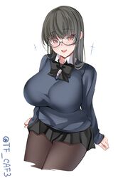  absurdres alternate_costume black-framed_eyewear black_bow black_hair black_pantyhose black_skirt blue_sweater bow breasts choukai_(kancolle) collared_shirt commentary_request cowboy_shot female glasses highres kantai_collection large_breasts long_hair long_sleeves one-hour_drawing_challenge open_mouth pantyhose pleated_skirt red_eyes round_eyewear shirt simple_background sitting skirt smile solo sweater teeth tf_cafe twitter_username upper_teeth_only white_background white_shirt 