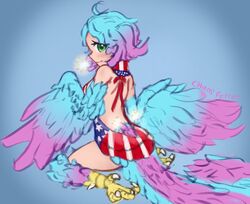  ahoge american_flag american_flag_print artist_name back bird_legs bird_tail blue_background blue_feathers blue_hair blue_tail blush breasts chaosferret commentary english_commentary feathered_wings feathers female fireworks flag_print green_eyes harpy highres holding holding_fireworks looking_at_viewer looking_back medium_breasts meme_attire monster_girl multicolored_hair original pink_feathers pink_hair pink_wings purple_tail solo sparkler tail talons two-tone_hair two-tone_tail two-tone_wings virgin_killer_sweater winged_arms wings 