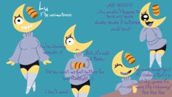  1_eye animatronic anthro battery beverage bottomwear clothing english_text female for_a_head hi_res hotpants long_socks machine object_head pleading_eyes purple_clothing purple_tongue robot shane_frost shorts solo tea text tongue yellow_body yellow_skin 