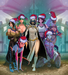  6+girls alternate_hair_length alternate_hairstyle bare_shoulders black_dress black_footwear black_gloves black_hair black_leotard blonde_hair blue_eyes blurry blurry_background blush bob_cut boots braid braided_ponytail breasts christmas cleavage cloak closed_mouth clothing_cutout crop_top crossed_arms crossover davecavedraws dc_comics demon_girl dress elbow_gloves final_fantasy final_fantasy_vii final_fantasy_vii_remake final_fantasy_x final_fantasy_xii fingerless_gloves fran_(ff12) fur-trimmed_dress fur_trim furrowed_brow gloves glowing glowing_eyes gold_trim green_eyes green_hair grey_hair hair_between_eyes hand_on_own_hip hat head_wings heart_cutout high_heel_boots high_heels highres hood hood_down hood_up hooded_cloak large_breasts leotard long_hair long_sleeves lulu_(ff10) marvel midriff morrigan_aensland multiple_braids multiple_girls navel off-shoulder_dress off_shoulder overwatch parted_lips pelvic_curtain pink_lips ponytail purple_eyes purple_hair purple_lips rabbit_girl raven_(dc) red_eyes red_headwear santa_hat shirt single_braid spider-gwen spider-man:_into_the_spider-verse spider-man_(series) spider-verse sports_bra squatting standing suspenders swept_bangs teen_titans tifa_lockhart undercut underwear vampire_(game) viera white_cloak white_footwear white_fur white_hood white_shirt widowmaker_(overwatch) wings yellow_eyes 