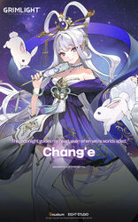  breasts chang&#039;e_(grimlight) chinese_clothes cleavage commentary dress english_commentary english_text female grey_eyes grey_hair grimlight hair_ornament hair_rings hairpin highres holding long_hair official_art purple_dress solo thighhighs very_long_hair white_rabbit_(animal) white_thighhighs 