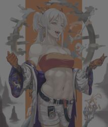  abs arknights arm_tattoo bad_thumbnail bandeau bead_bracelet beads bracelet breasts colored_skin commentary cowboy_shot dragon_girl dragon_horns dragon_tail earrings english_commentary fangs female flame-tipped_tail grey_hair highres horns jacket jewelry long_sleeves looking_at_viewer medium_hair midriff mixed-language_commentary multicolored_hair navel nian_(arknights) nose off_shoulder open_clothes open_jacket pink_eyes pointy_ears ponytail red_bandeau red_hair red_skin rock shorts small_breasts solo sprfshl_moth strapless streaked_hair tail tassel tassel_earrings tattoo tongue tongue_out tube_top white_jacket white_shorts 