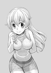  arm_behind_back belt breasts breasts_day carpaccio_(girls_und_panzer) closed_mouth cowboy_shot female girls_und_panzer good_breasts_day greyscale hair_between_eyes highres light_blush long_hair looking_to_the_side medium_breasts monochrome pants ribbed_sweater simple_background sleeveless sleeveless_sweater smile solo sutahiro_(donta) sweater turtleneck turtleneck_sweater 