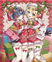  2boys absurdres alois_trancy artist_name black_gloves blonde_hair blue_eyes blue_hair bow candy_cane_earrings checkerboard_cookie checkerboard_cookie_hair_ornament christmas ciel_phantomhive cookie cookie_earrings cookie_hair_ornament crossdressing earrings expressionless eyepatch food food-themed_hair_ornament gift gloves green_bow hair_ornament hat heart heart_eyepatch heart_hair_ornament highres holding holding_gift holly jewelry kuroshitsuji male_focus merry_christmas multicolored_bow multiple_boys otoko_no_ko red_bow santa_capelet santa_costume santa_hat short_hair smile stuffed_animal stuffed_rabbit stuffed_toy thighhighs tongue tongue_out tongue_tattoo white_thighhighs wormy_owo yaoi 