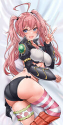  ahoge ass asymmetrical_legwear black_cape black_panties blue_eyes blush bow bow_panties breasts cape commentary_request dakimakura_(medium) female highres horizontal-striped_thighhighs jewelry juliet_sleeves leg_wrap long_hair long_sleeves lying medium_breasts midriff milim_nava mismatched_legwear oerba_yun_fang on_side open_mouth panties pink_hair polka_dot puffy_sleeves smile solo striped_clothes striped_thighhighs t3x tensei_shitara_slime_datta_ken thighhighs twintails underwear 