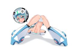  ass blue_eyes blue_hair blush boots breasts facial_mark female from_behind ico_(megaman_x_dive) jack-o&#039;_challenge large_breasts legs_apart light_blue_hair mega_man_(series) mega_man_x_(series) mega_man_x_dive navel official_alternate_costume popo_(popo0cat) robot_girl solo swimsuit thighs underboob white_footwear 