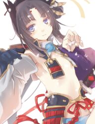  :3 armor asymmetrical_sleeves black_hair blue_eyes blue_panties breast_curtains claw_pose closed_mouth detached_sleeves fate/grand_order fate_(series) female flat_chest gloves hair_ornament hands_up japanese_armor japanese_clothes kujimaru kusazuri looking_at_viewer mismatched_sleeves no_bra panties parted_bangs revealing_clothes simple_background single_glove solo underwear upper_body ushiwakamaru_(fate) white_background 