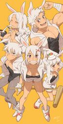  2boys 3girls animal_ears ankle_boots bandages boots breasts chopsticks cleavage closed_eyes eating extra_ears food food_on_head fruit fruit_on_head hair_ornament hammer hood hoodie kagami_mochi leaning_forward leotard long_hair male_playboy_bunny mandarin_orange mochi moon_rabbit multiple_boys multiple_girls muscular muscular_male new_year object_on_head orange_(fruit) original pantyhose partially_unzipped pectoral_cleavage pectorals rabbit_ears red_eyes sagami_jon sleeveless sleeveless_hoodie smile white_hair x_hair_ornament yellow_background zouni_soup 