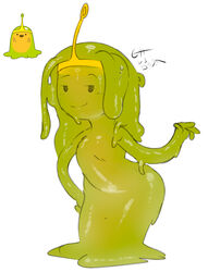  4_fingers absurd_res adventure_time alternate_form alternate_species apode ass cartoon_network cii_(artist) crown eyebrows featureless_chest female fingers front_view gold_crown goo_creature goo_humanoid green_body green_goo green_hair green_pseudo_hair hair headgear hi_res humanoid humanoidized leaning leaning_forward legless not_furry pseudo_hair short_stack signature simple_background slime_princess smile standing translucent translucent_body white_background 